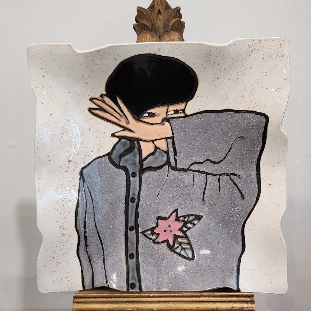 Vintage 1972 Artist Signed Barbara Demery Ceramic Square Art Platter
